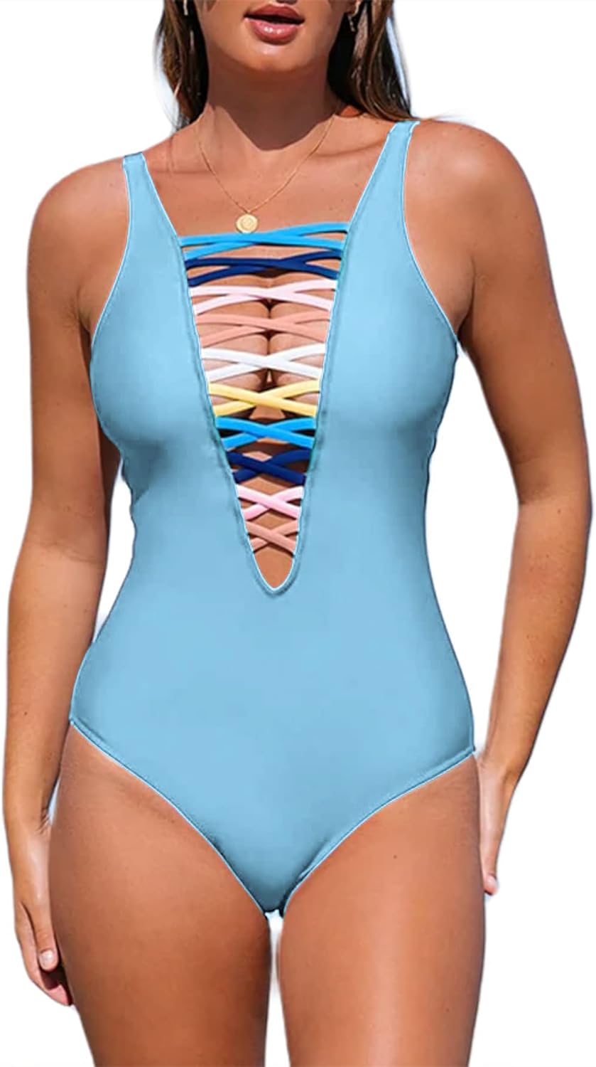 SOFIA'S CHOICE Women' Sexy One Pieces Swimsuit Lace Up Deep V Bathing Suit Beachwear