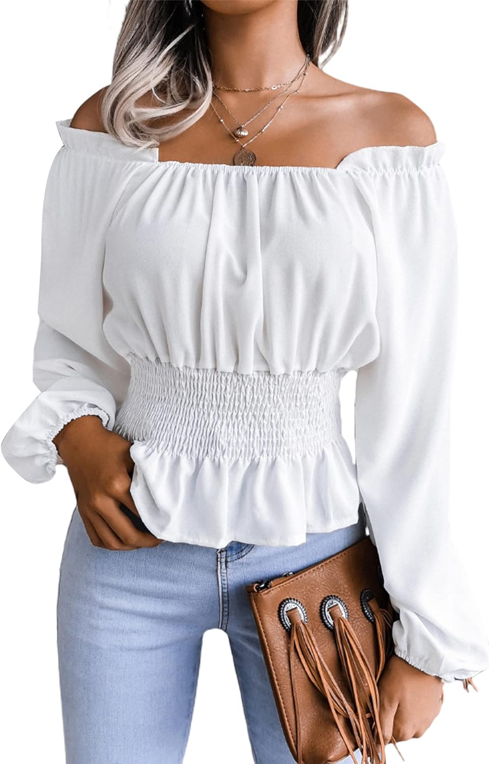 SOFIA'S CHOICE Women' Off the Shoulder Ruffle Peplum Long Sleeve Shirred Blouse Shirt