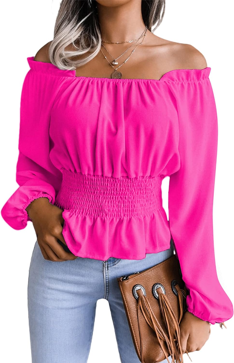 SOFIA'S CHOICE Women' Off the Shoulder Ruffle Peplum Long Sleeve Shirred Blouse Shirt