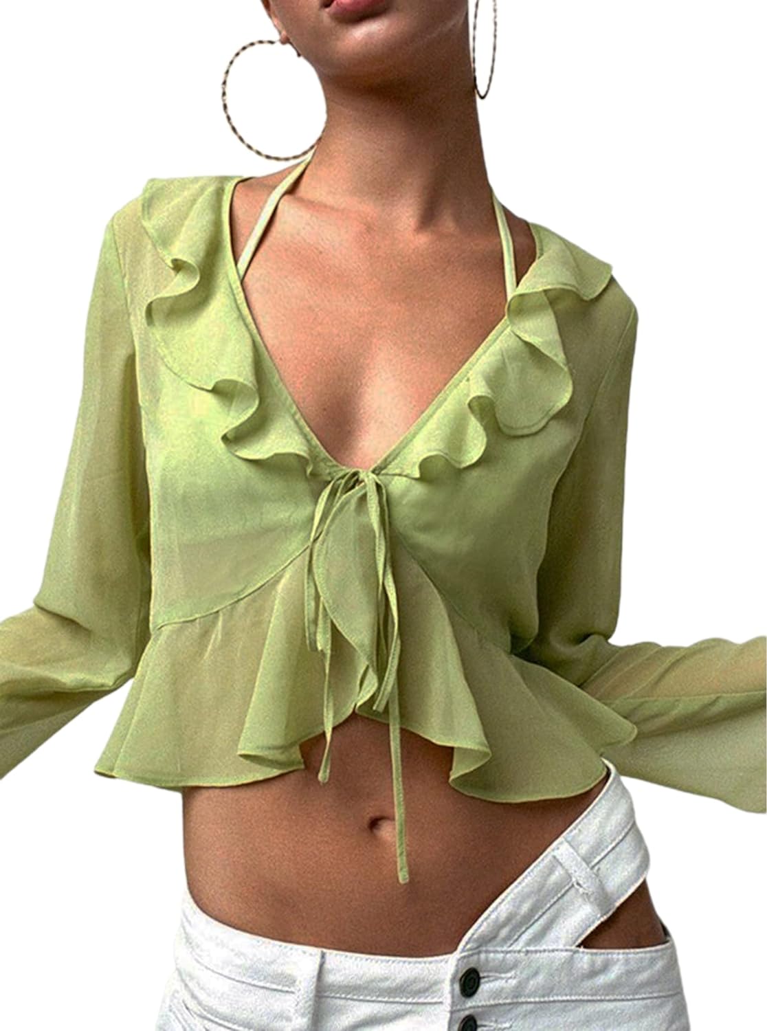 SOFIA'S CHOICE Womens Peplum Self Tie Front Tops Deep V Neck Long Sleeve Ruffle Hem Blouse