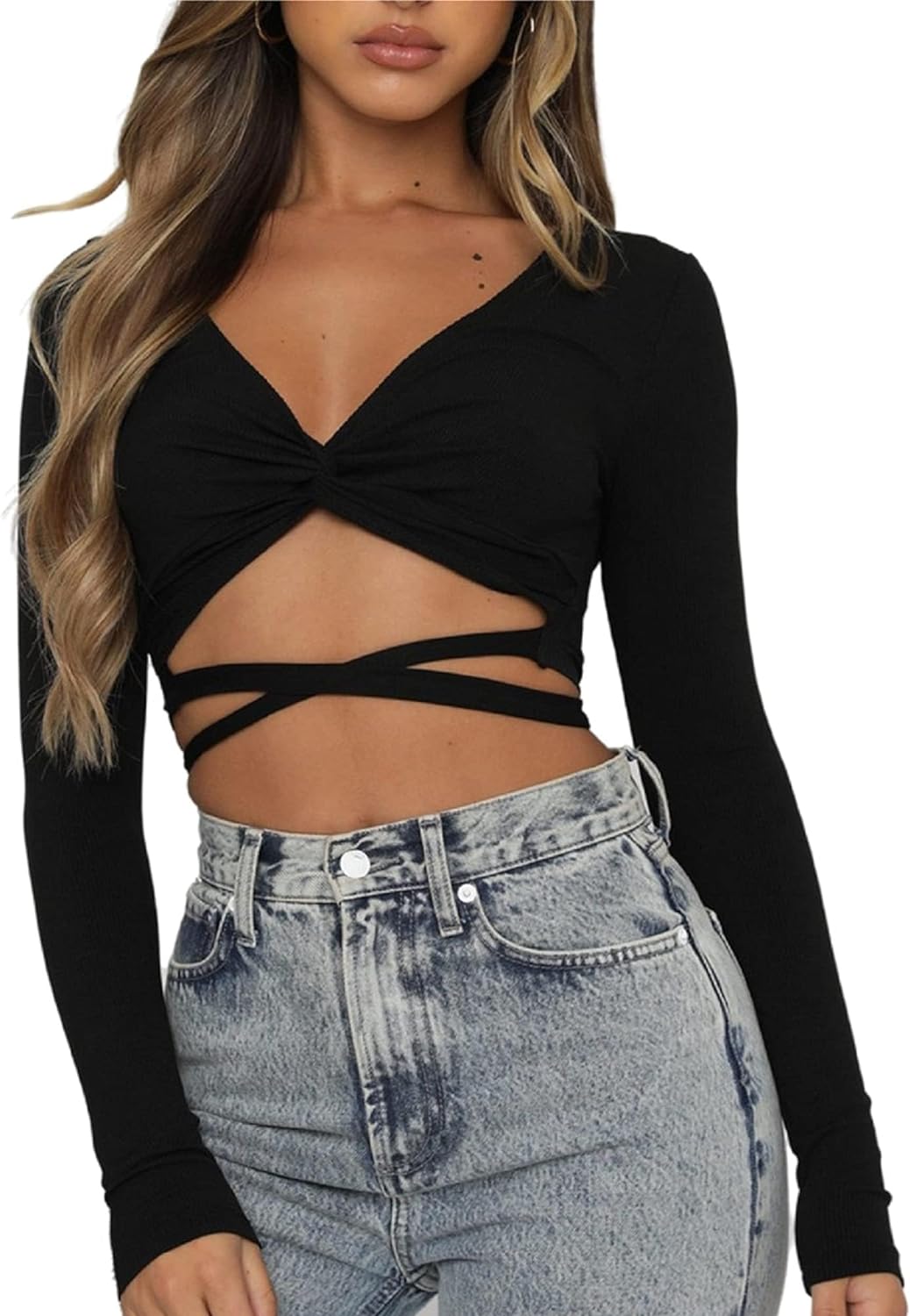 SOFIA'S CHOICE Women' Sexy Twist Knot Crop Top Tie Up Back Long Sleeve Shirt