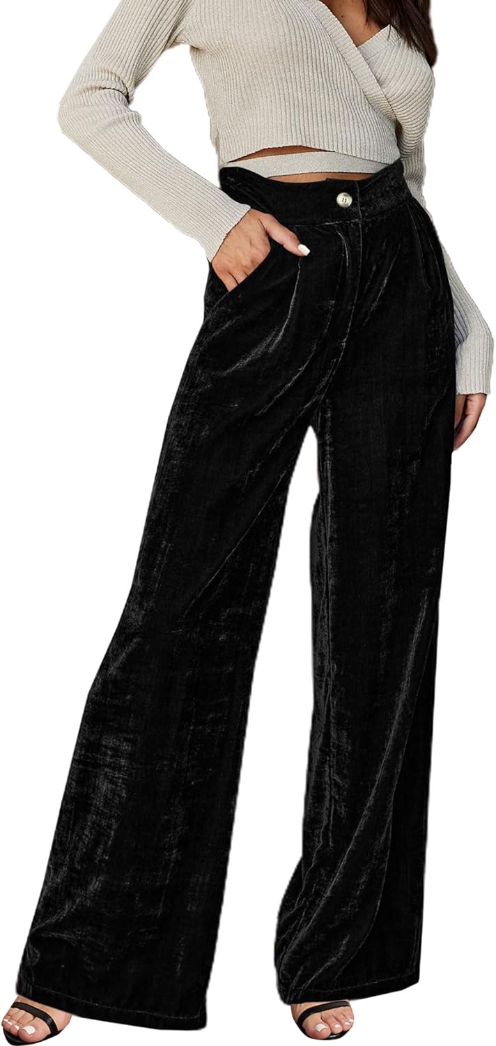 SOFIA'S CHOICE Womens Velvet Wide Leg Pants High Waisted Palazzo Trousers with Pockets