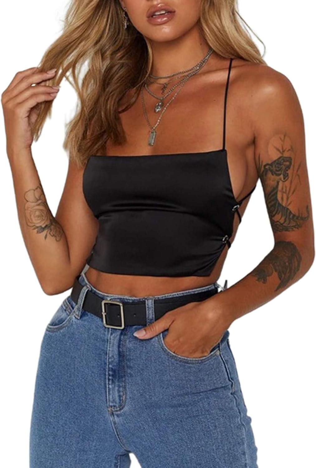 SOFIA'S CHOICE Sexy Halter Tops for Women Sleeveless Cut Out Asymmetrical Hem Camisole