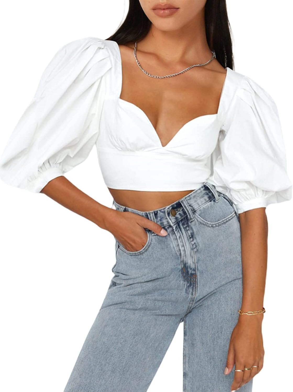 SOFIA'S CHOICE Women' Sweetheart Neck Crop Top Puff Short Sleeve Slim Fit Sexy Shirt