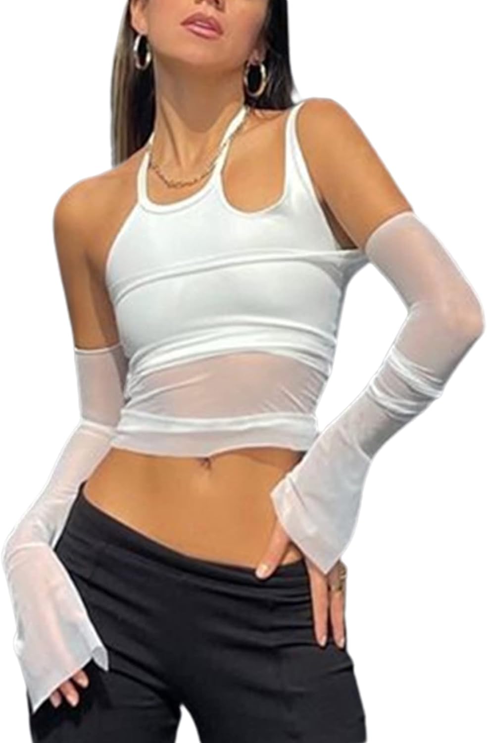 SOFIA'S CHOICE Mesh Off Shoulder Crop Top T Shirt Long Sleeve Halter Neck Cutout Tee