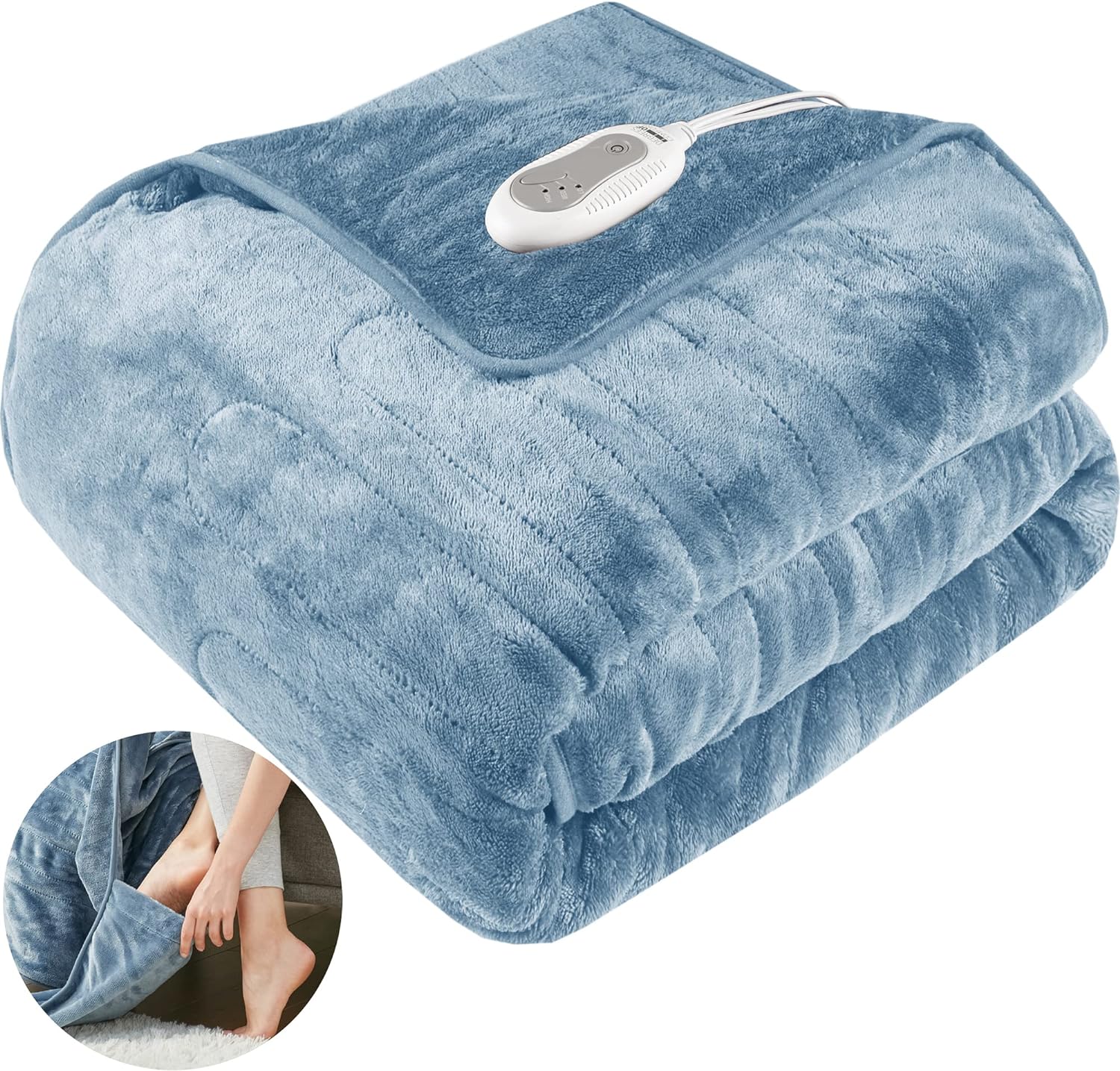 Microplush Electric Blanket with Foot Pocket Blue 50x62 | Heated Lap Throw for Home or Office - Keeps Toes Toasty | 3 Heat Settings with Auto Shut Off | 6Ft Power Cord | Washable