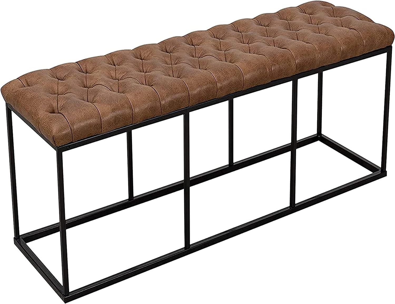 HomePop Faux Leather Button Tufted Decorative Bench with Metal Base, Brown