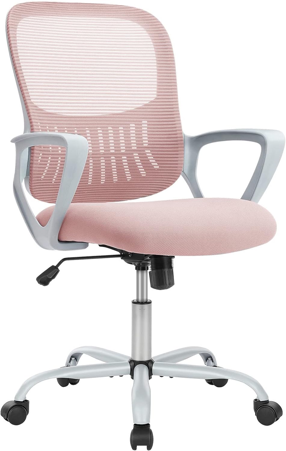 Sweetcrispy Office Computer Desk Managerial Executive Chair, Ergonomic Mid-Back Mesh Rolling Work Swivel Chairs with Wheels, Comfortable Lumbar Support, Comfy Arms for Home,Bedroom,Study,Student,Pink