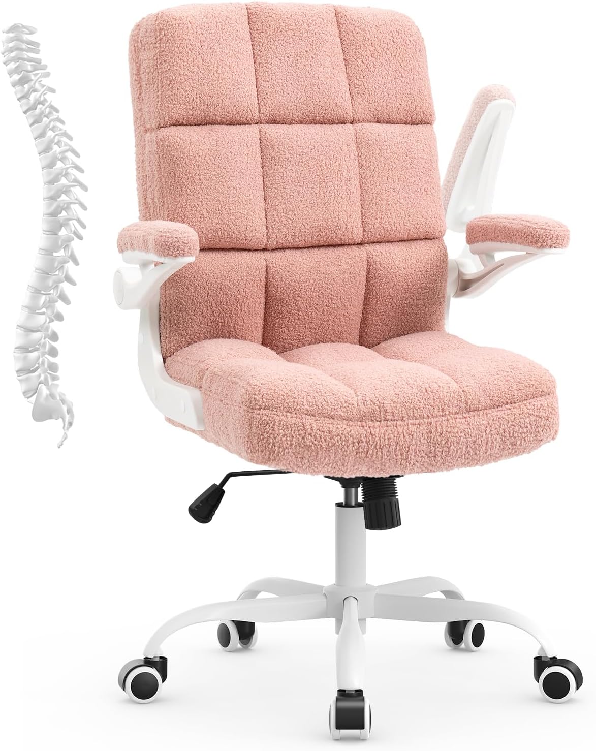 SEATZONE Home Office Chair Ergonomic Executive Desk Chair Comfortable Computer Chair with Flip-up Arms,Faux Fur Chair with Lumbar Support,Pink