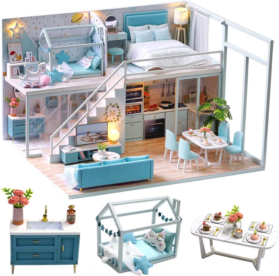 CUTEBEE Dollhouse Miniature with Furniture, DIY Dollhouse Kit Plus Dust Proof and Music Movement, 1:24 Scale Creative Room for Valentine' Day Gift Idea(Poetic Life)