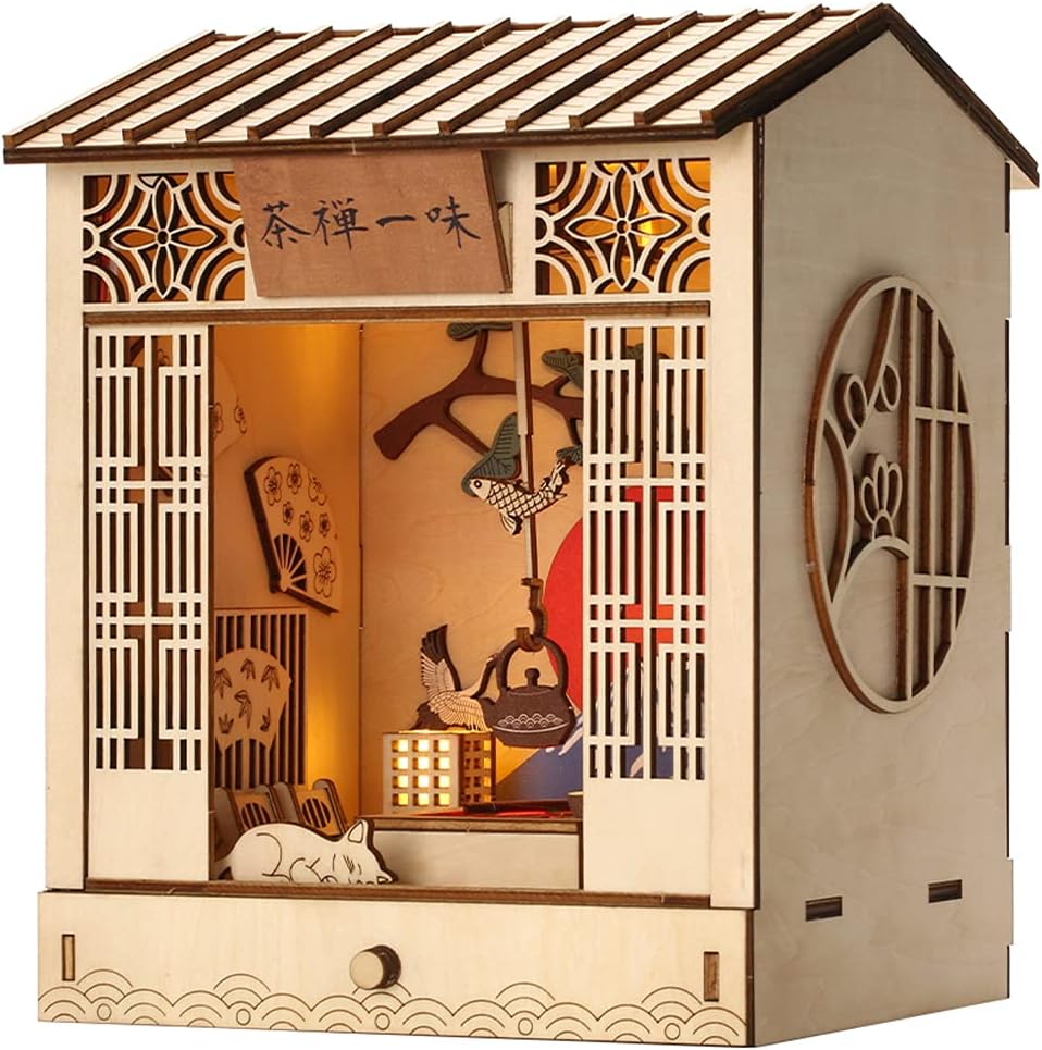 CUTEBEE 3D Wooden Puzzle DIY Dollhouse Booknook Bookshelf Insert Decor Alley,Bookends Model Build-Creativity Kit with LED Light (Zen Tea Blindly)