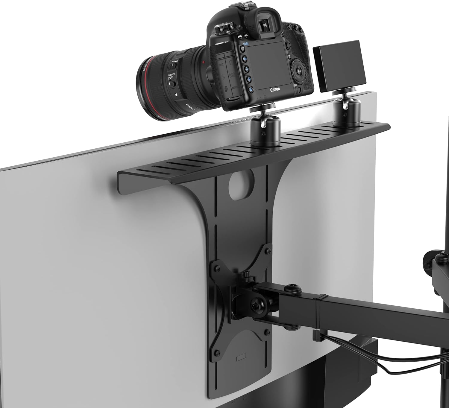 HumanCentric DSLR Monitor Mount  Light Webcam and Microphone Camera Shelf for Monitor VESA Arm, Replace Clamp Tripods for Camera Desk Mount, Large