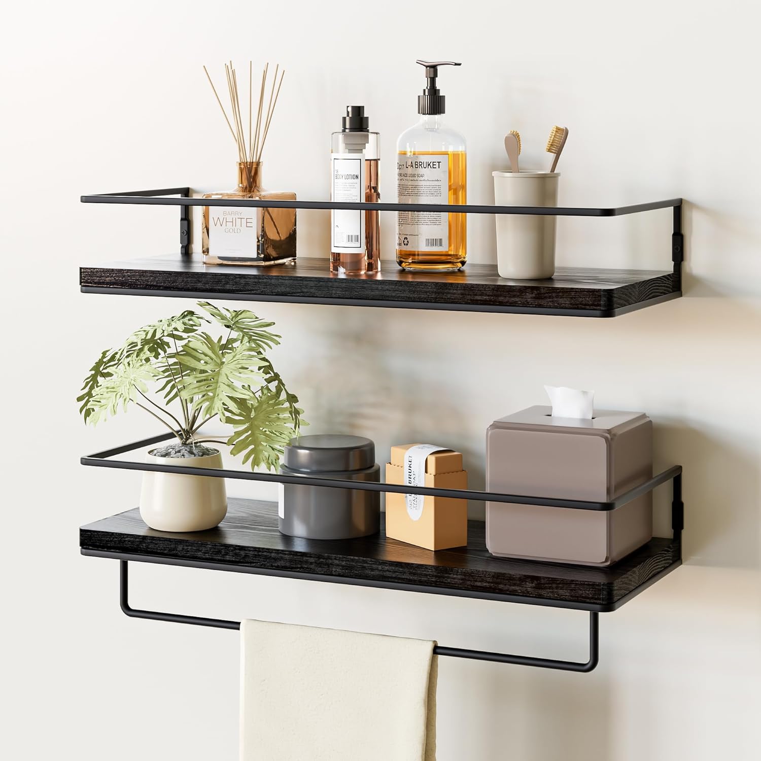 ZGO Floating Shelves for Wall Set of 2, Wall Mounted Storage Shelves with Black Metal Frame and Towel Rack for Bathroom, Bedroom, Living Room, Kitchen, Office (Black)