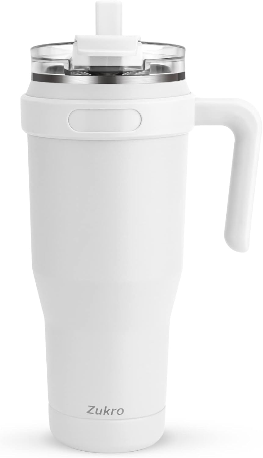 Zukro 50 oz Mug Tumbler With Handle And Flip Straw, Leakproof Vacuum Insulated Stainless Steel Cup Water Bottle with 2-in-1 Lid,Large Travel Mug, Fit in Cup Holder, Keeps Cold for 30 Hours, White