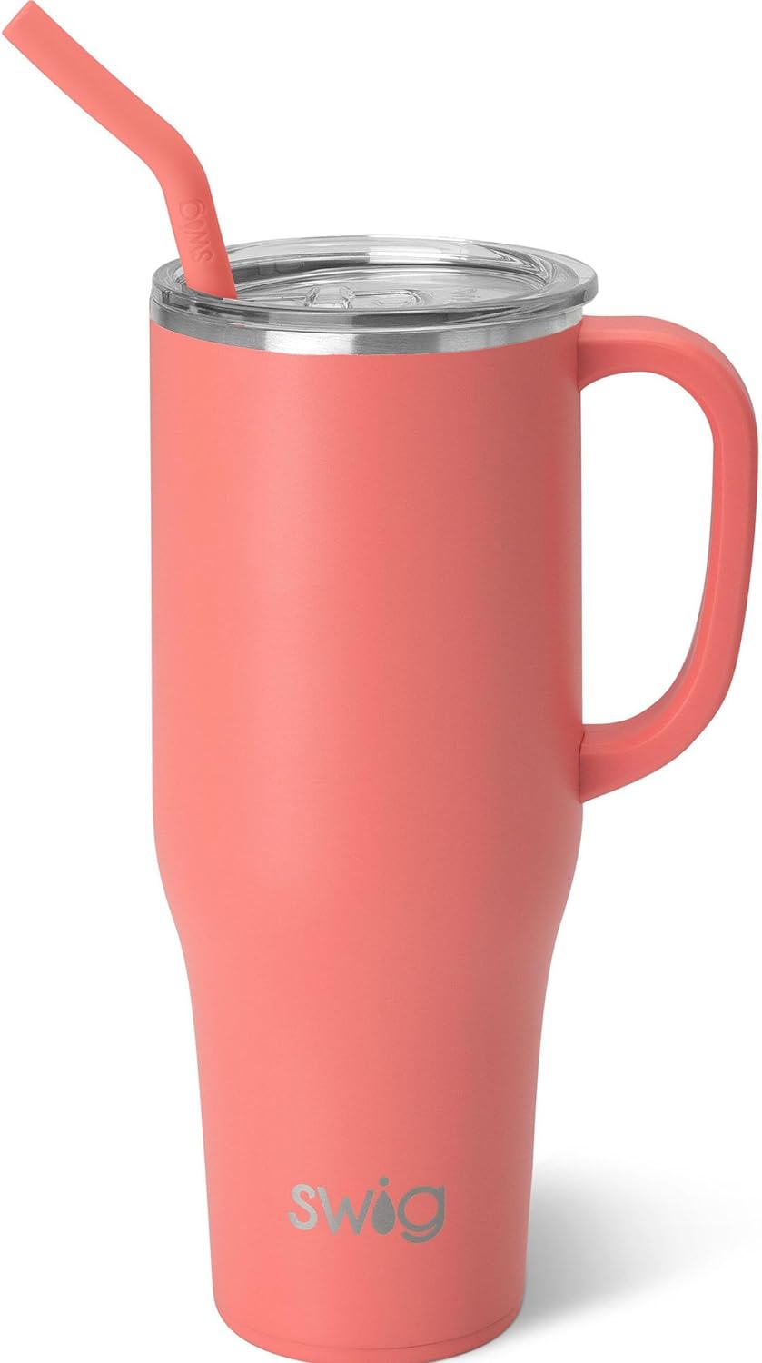 Swig Life 40oz Mega Mug, 40 oz Tumbler with Handle and Straw, Cup Holder Friendly, Dishwasher Safe, Extra Large Insulated Tumbler, Stainless Steel Water Tumbler (Coral)