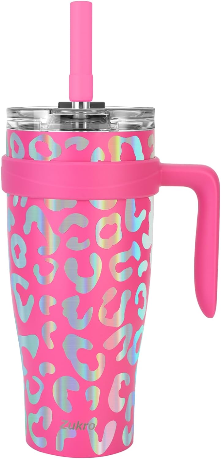 Zukro 40 oz Tumbler With Straw and Handle, Leak Proof Vacuum Insulated Double Wall Stainless Steel Cup with 2-in-1 Lid Fit in Cup Holder, No Sweat, Keeps Cold for 24 Hours, Azalea Leopard