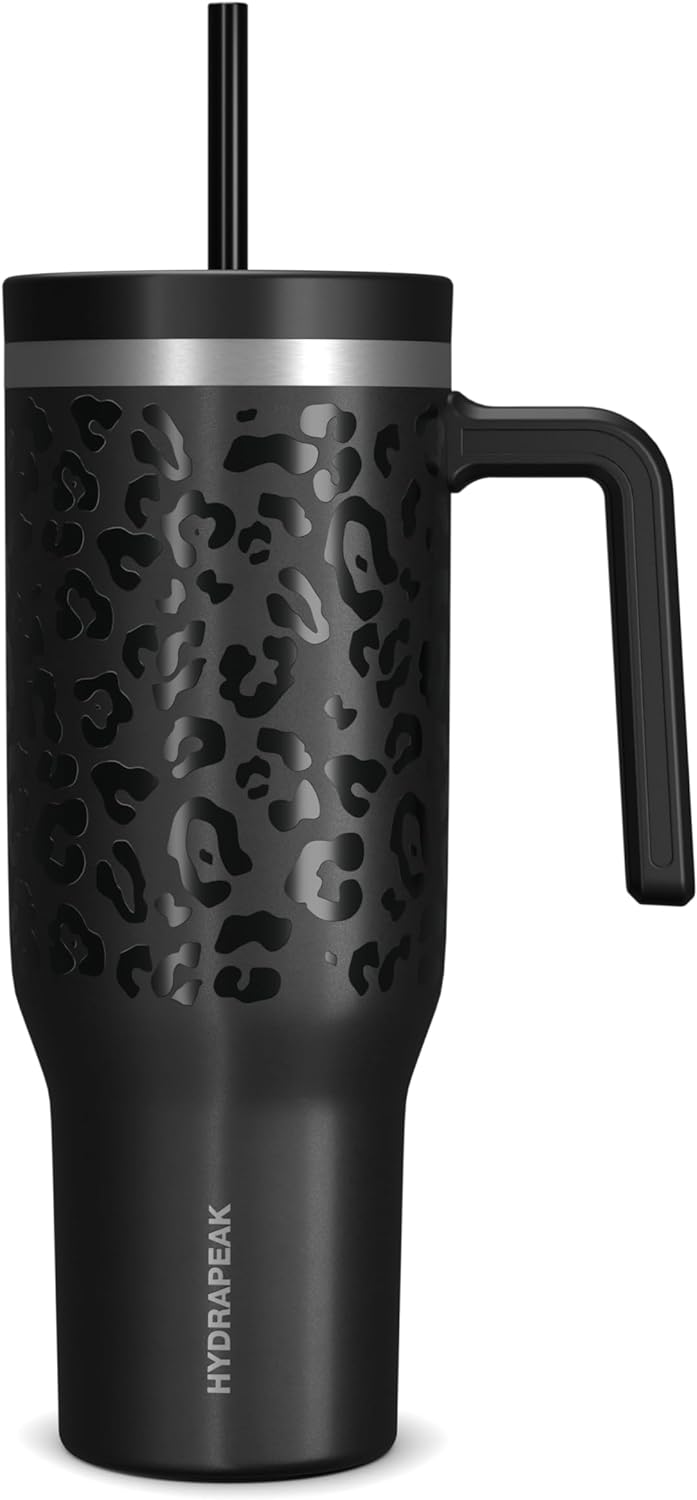 Hydrapeak Voyager 40 oz Tumbler with Handle and Straw Lid | Reusable Stainless Steel Water Bottle Travel Mug Cupholder Friendly | Insulated Cup | Holiday Gifts for Women Men Him Her (Black Leopard)