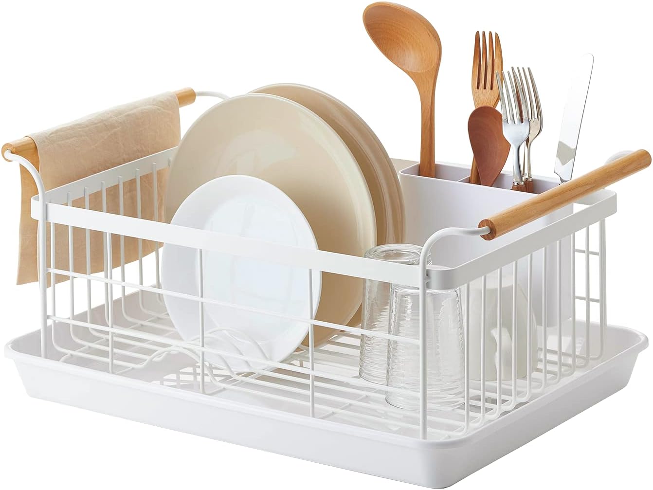 Yamazaki Home Dish Rack with Removeable Drainer Tray, Kitchen Counter Dish Drying Organizer Holder Steel + Wood One Size White