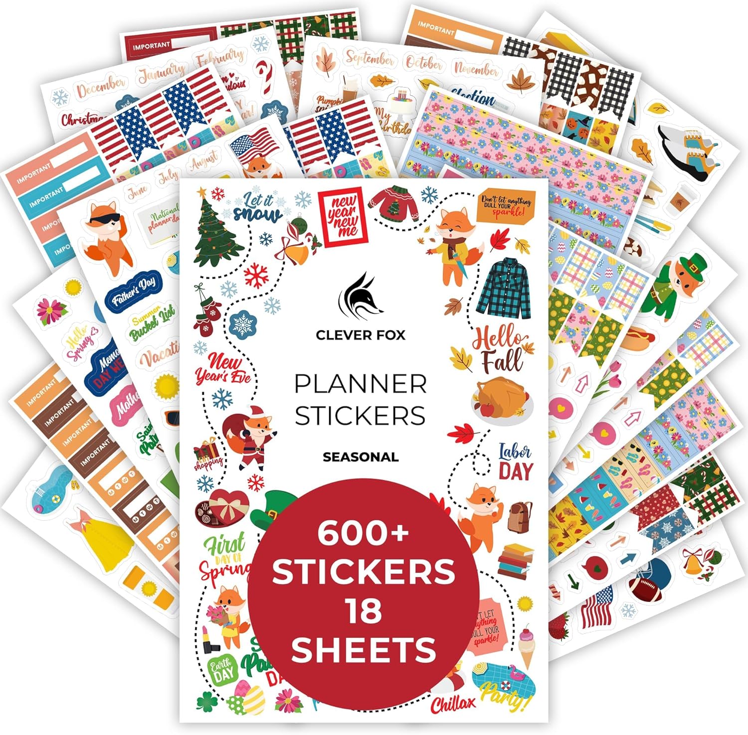 Clever Fox Seasonal Planner Stickers  600  Month, Holiday & Seasons Stickers for Your Planner, Monthly Journal & Calendar  18 Sheets, Set of Stickers & Washi Tape by Clever Fox (Seasonal Pack)