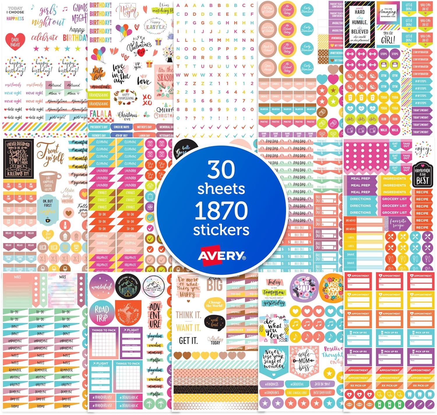 Avery Planner Sticker Variety Pack, 30 Sticker Sheets, 1,820 Stickers Total (6780)