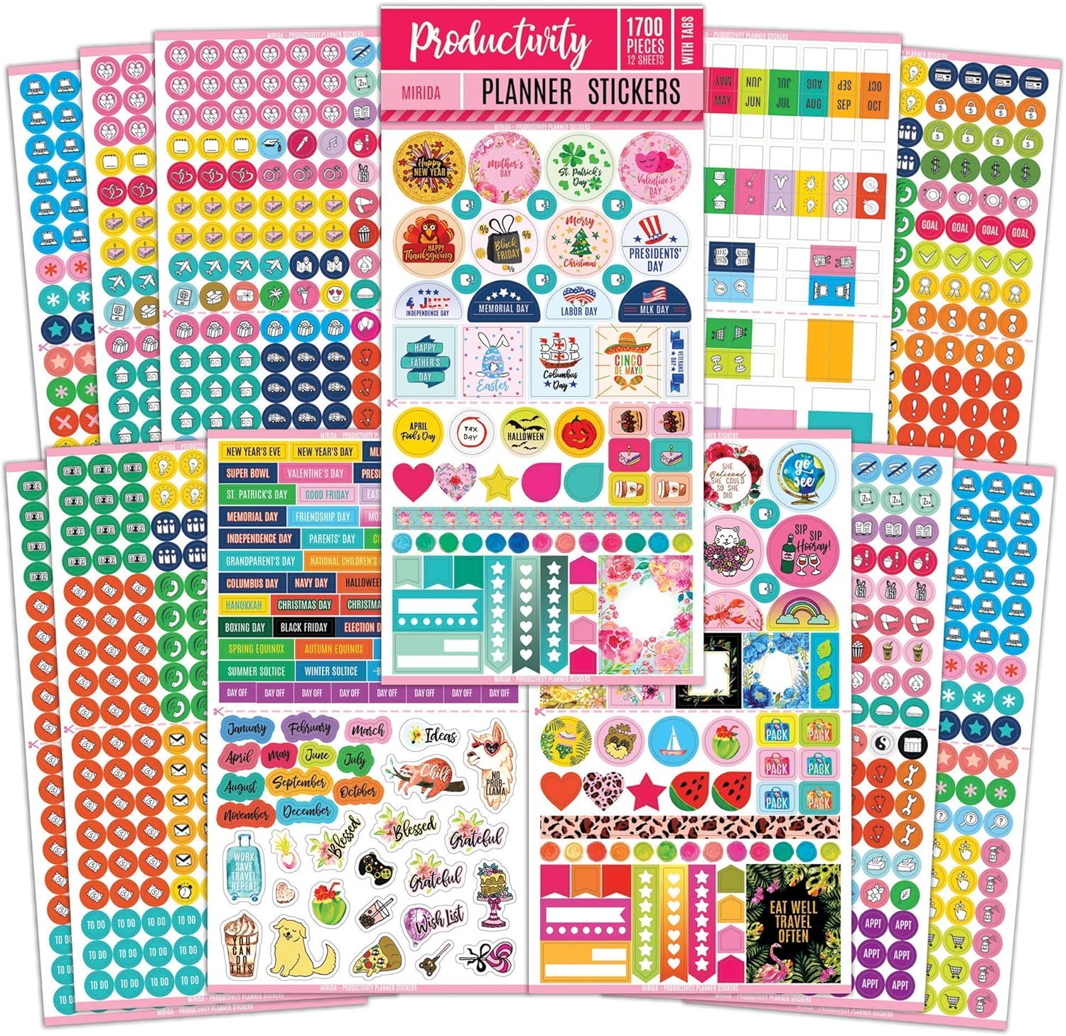 Mirida Planner Stickers  1700 Productivity Mini Icons for Adults Calendar  Work, Daily To Do, Budget, Family, Holidays, Journaling  Variety Pack with Monthly Tabs