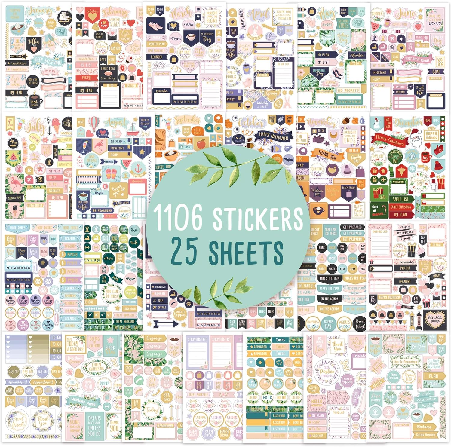 Aesthetic Greenery Planner Stickers for Fun Planning - 1100  Stunning Gold Foil Monthly Designs - The Perfect Scrapbook Sticker Accessories to Enhance Your Daily Calendar and Planner Journaling