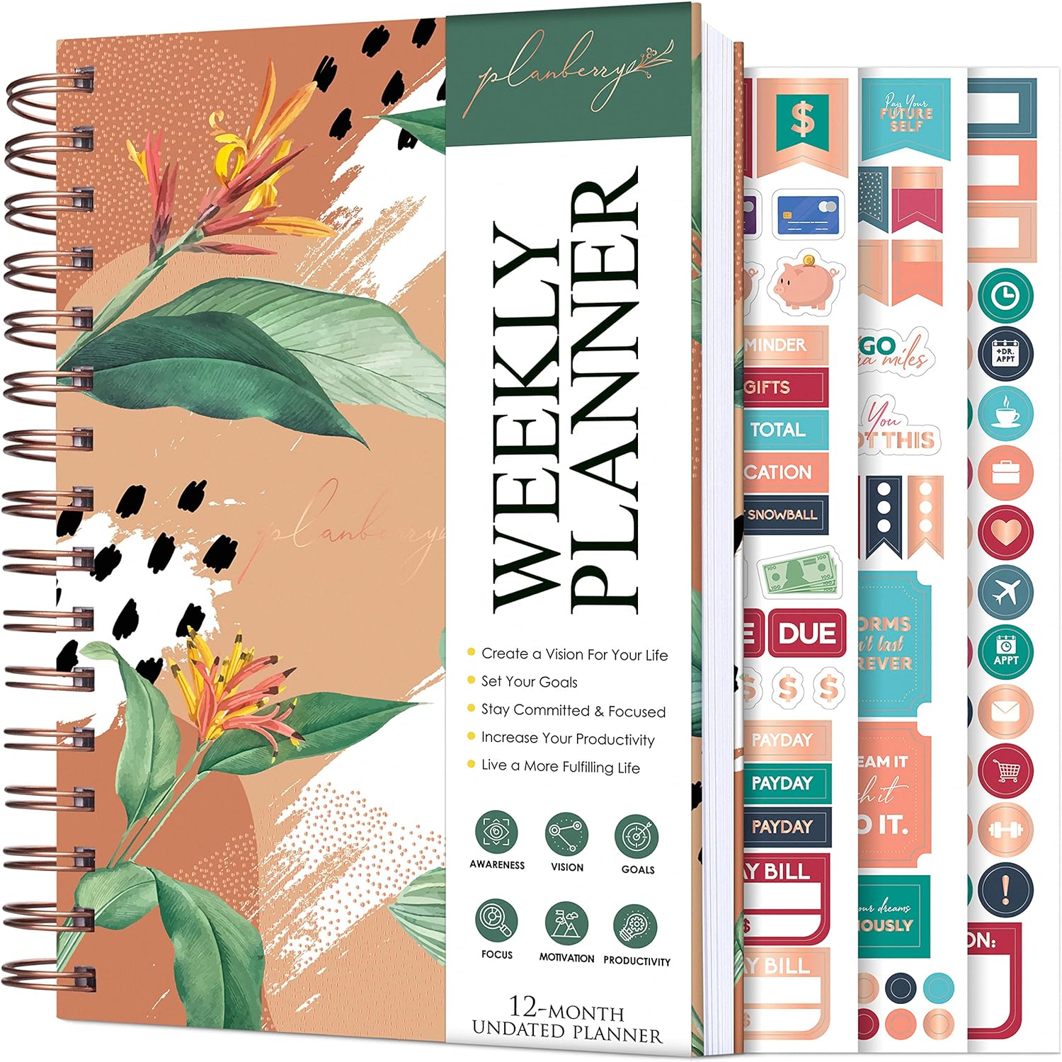 PLANBERRY Weekly Planner  Undated Life Organizer & Budget Planner  Time Management, Goal Setting, To-Do List, Work-Life Balance & Habit Tracker  6.1 x 8.1 (African Terracotta)