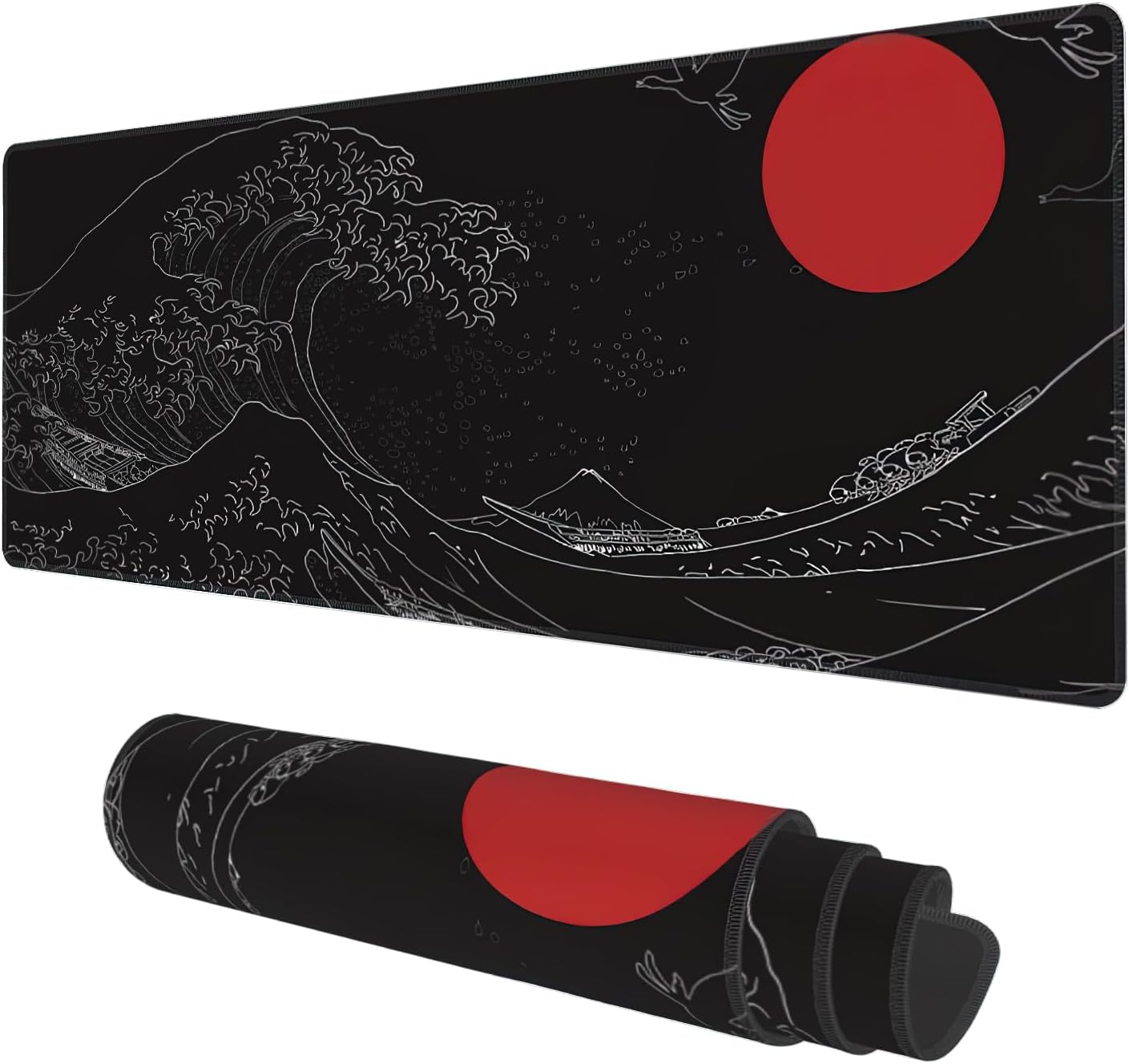 Desk Mat, Black Japanese Style Wave and Red Sun Extended Gaming Mouse Pad Large, 31.5