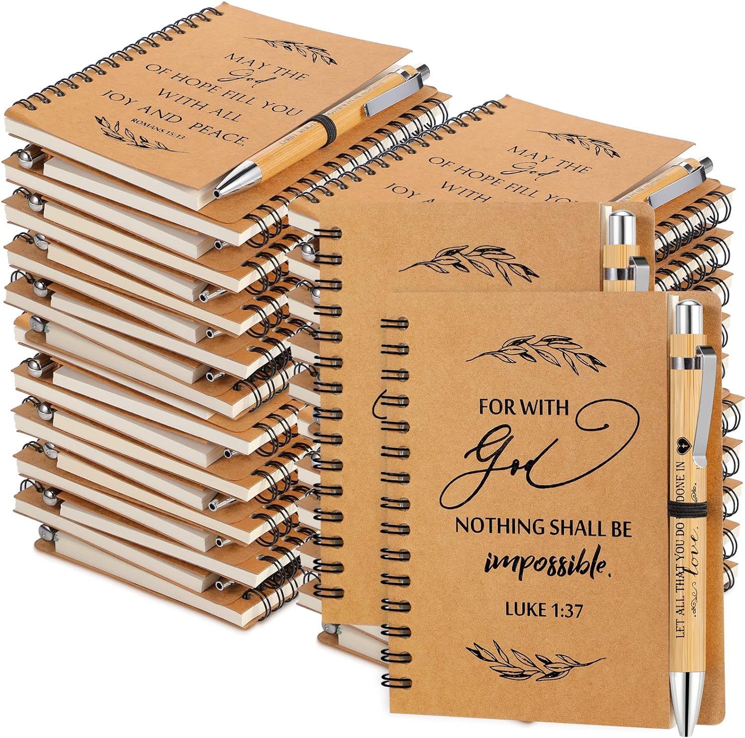 Kosiz 100 Pcs Christian Gifts Bulk Include Spiral Notebook and Bible Ballpoint Pen Prayer Journal Religious Party Favors God Scripture Notepad for Women Church Family (Brown)