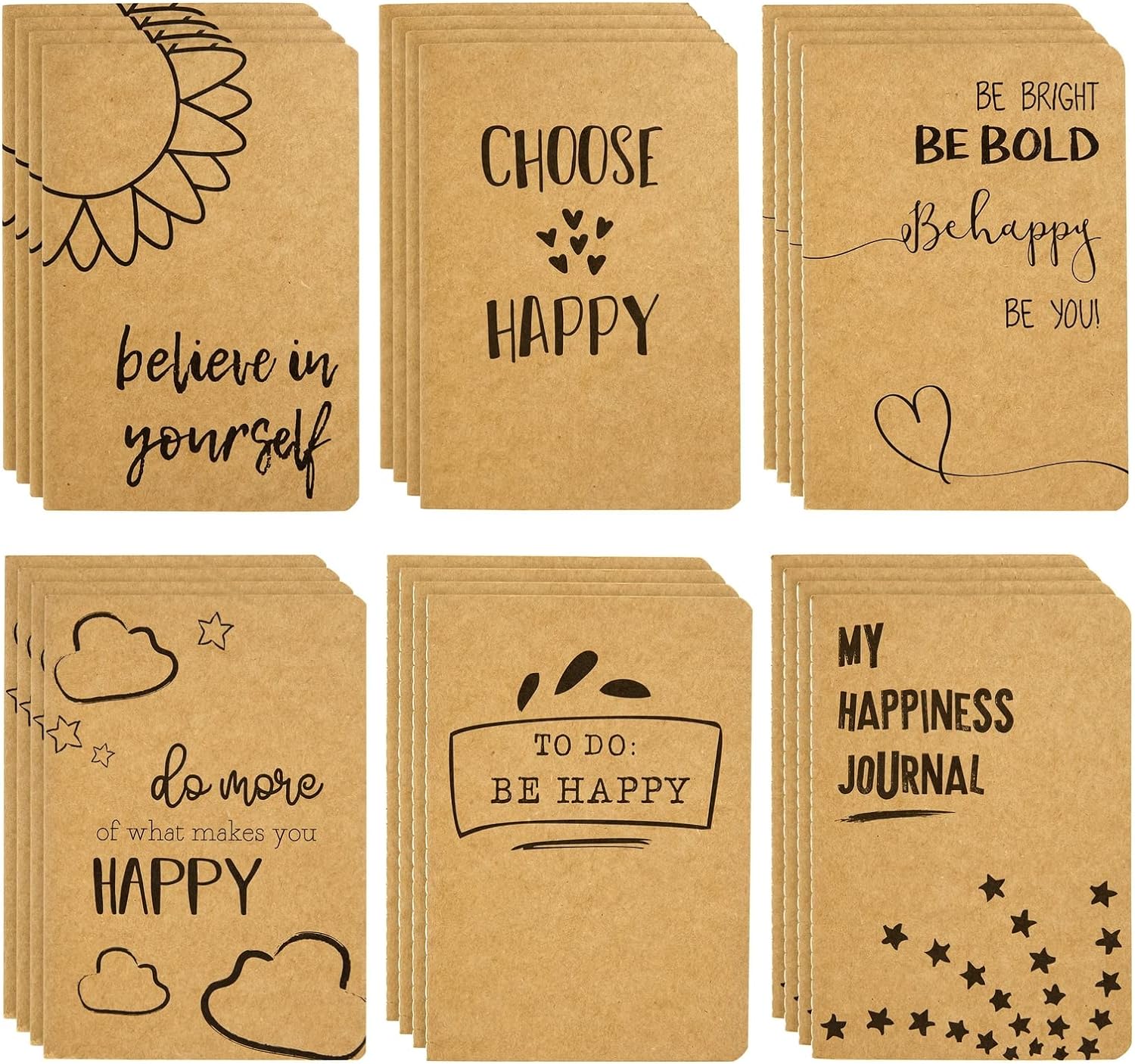 Paper Junkie 24 Pack Journals for Kids - Let' Be Happy Journals Bulk - Kraft Paper Notebooks School Supplies (80 Lined Page, 4 x 5.75 In)