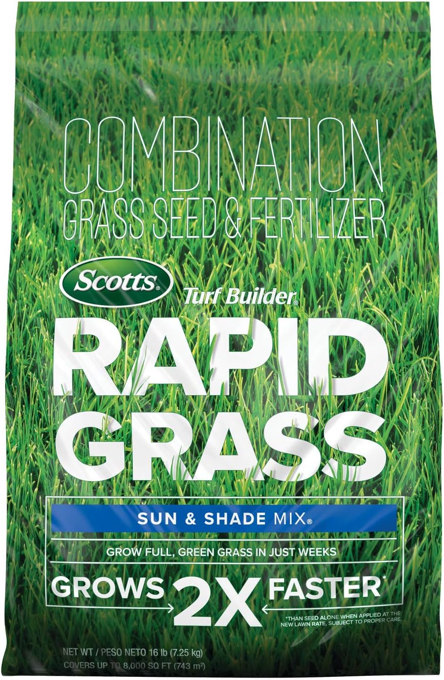 Scotts Turf Builder Rapid Grass Sun & Shade Mix, Combination Seed and Fertilizer, Grows Green Grass in Just Weeks, 16 lbs.