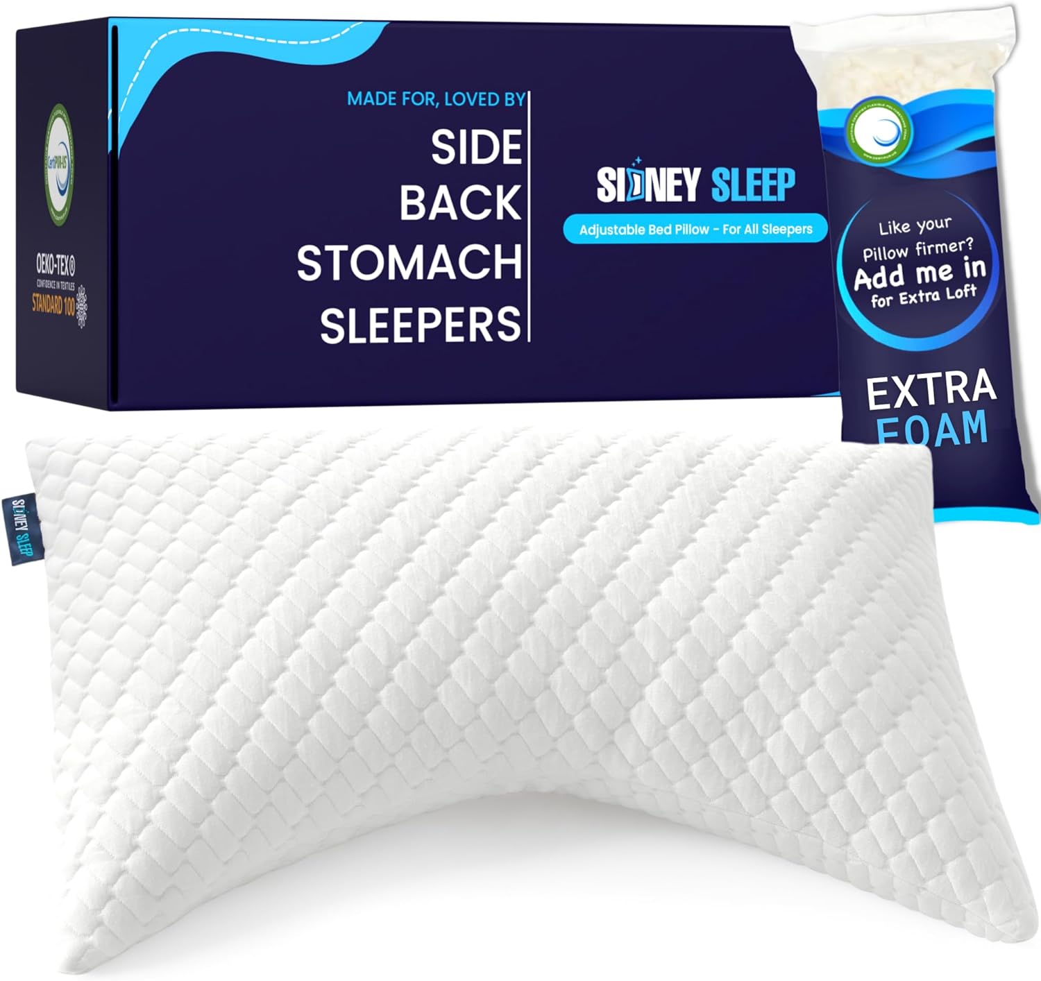 Sidney Sleep Pillow for Side and Back Sleepers - Comfort for Neck and Shoulder Pain - Adjustable and Customizable Shredded Memory Foam Filling - Queen Size - Includes Additional Foam Fill (White)