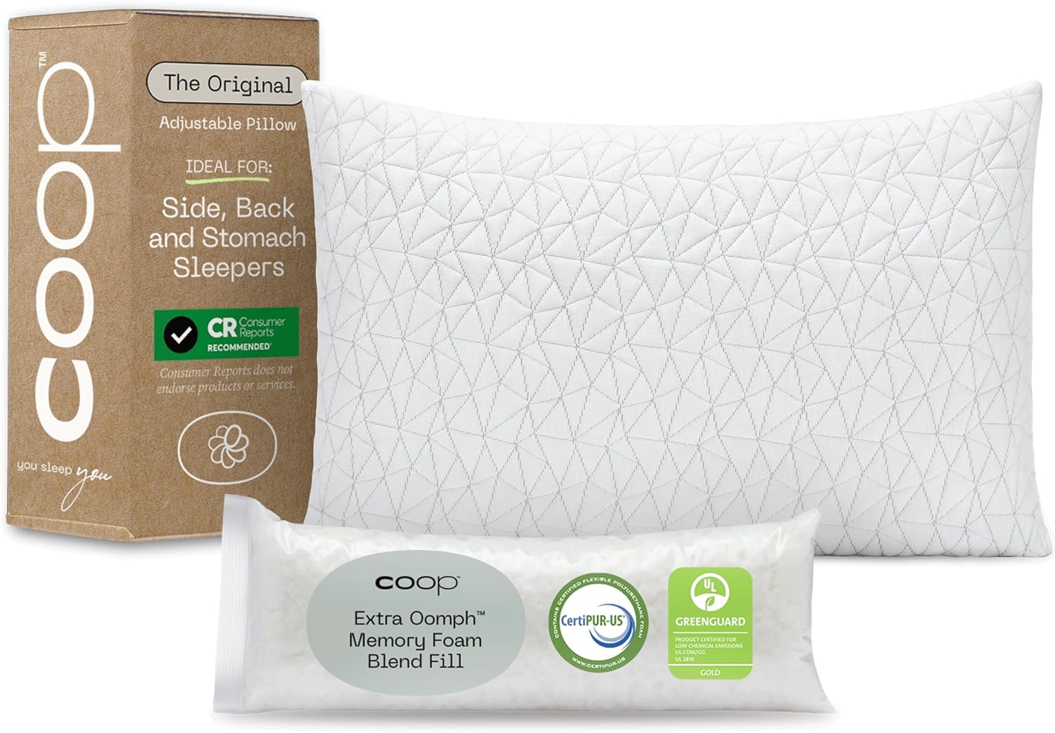 Coop Home Goods Original Loft, Queen Size Bed Pillows for Sleeping - Adjustable Cross Cut Memory Foam Pillows - Medium Firm for Back, Stomach and Side Sleeper - CertiPUR-US/GREENGUARD Gold