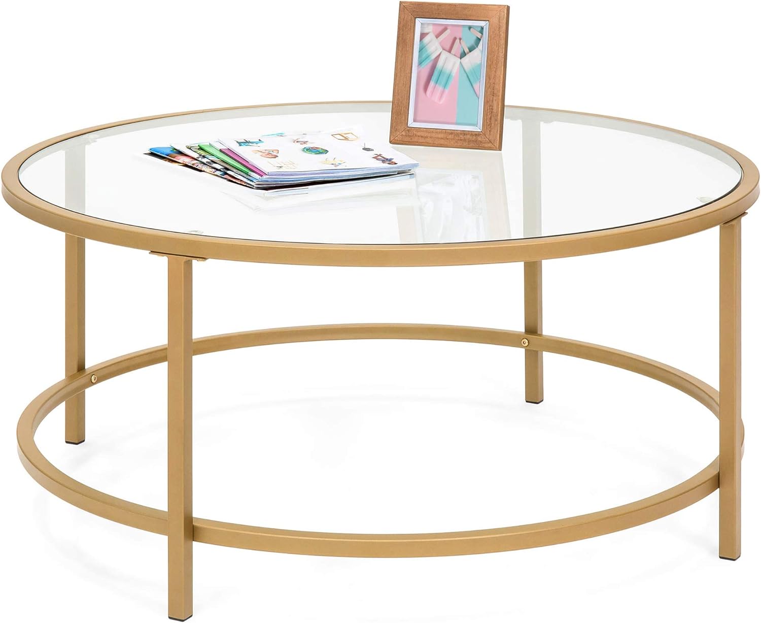 Best Choice Products 36in Modern Round Tempered Glass Accent Side Coffee Table for Living Room, Dining Room, Tea, Home Dcor w/Satin Trim, Metal Frame, Non-Marring Foot Caps - Bronze Gold