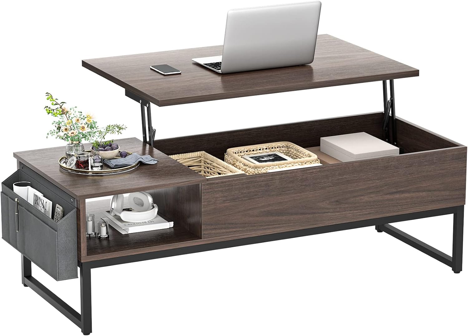 Aheaplus Lift Top Coffee Table with Storage, Wood Lifting Top Central Table Metal Frame, 43.3 Lift Tea Table with Side Pouch, Cocktail Table Modern Adjustable Table for Living Room, Espresso