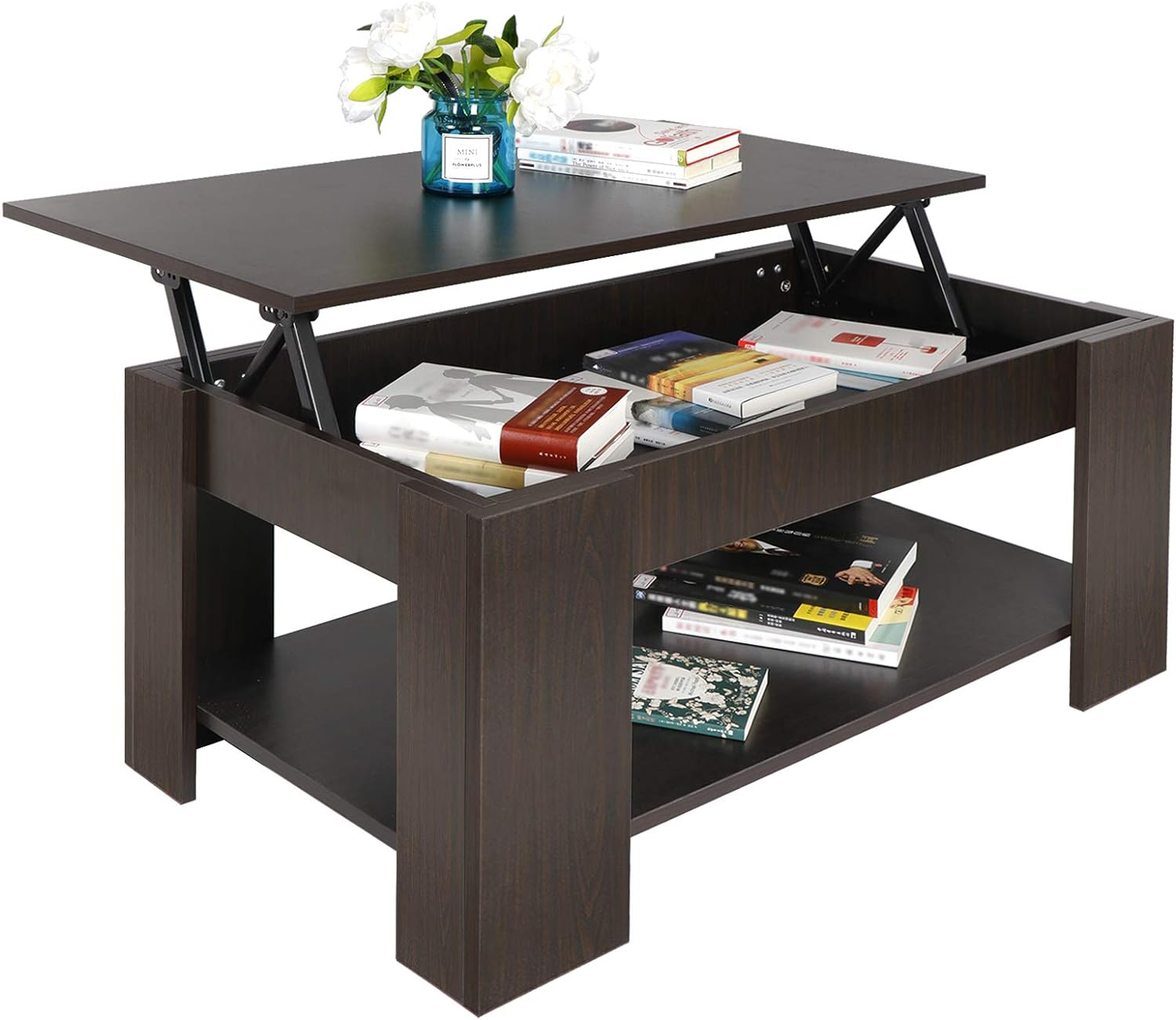 SUPER DEAL Modern Lift Top Coffee Table w/Hidden Compartment and Storage Shelves Pop-Up Storage Cocktail Table for Living Room Reception Room