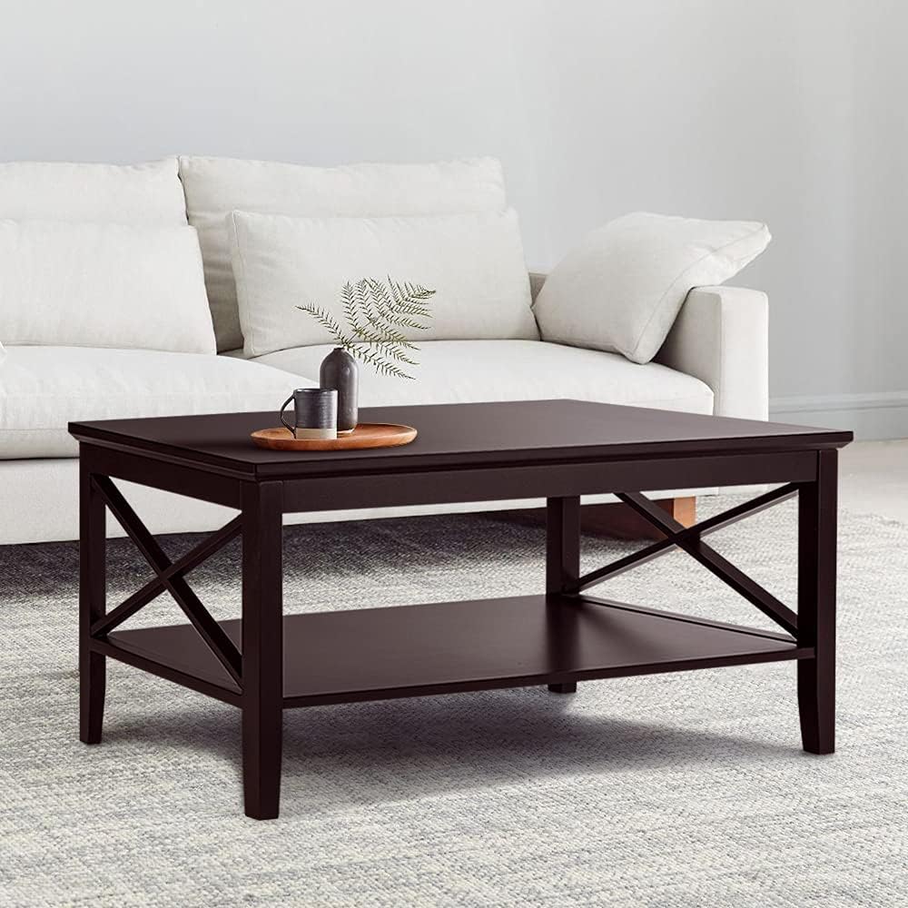 ChooChoo Oxford Coffee Table with Thicker Legs, Espresso Wood Coffee Table with Storage for Living Room 40 inches