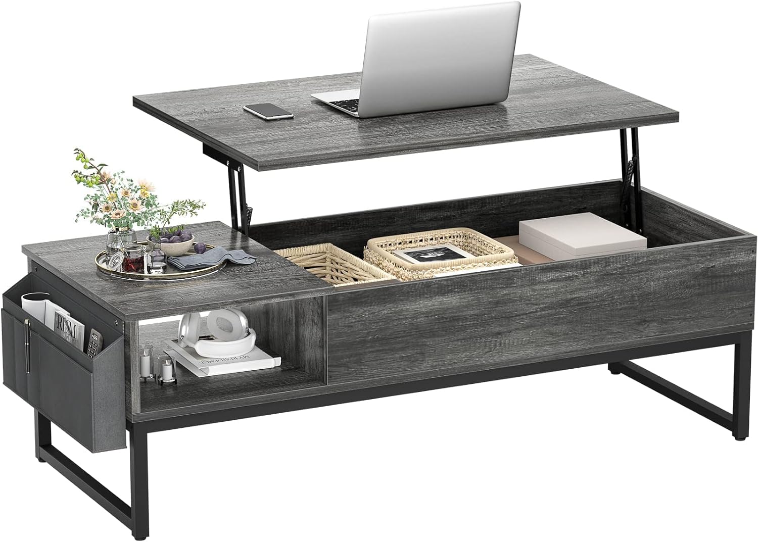 Aheaplus Lift Top Coffee Table with Storage, Wood Lifting Top Central Table Metal Frame, 43.3 Table with Side Pouch for Cocktail, Modern Pop up Adjustable Table for Living Room