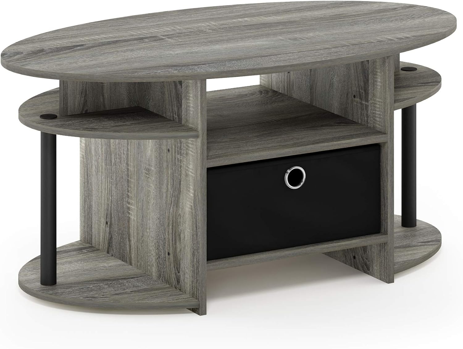 Furinno Jaya Oval Coffee Table, French Oak Grey/Black/Black