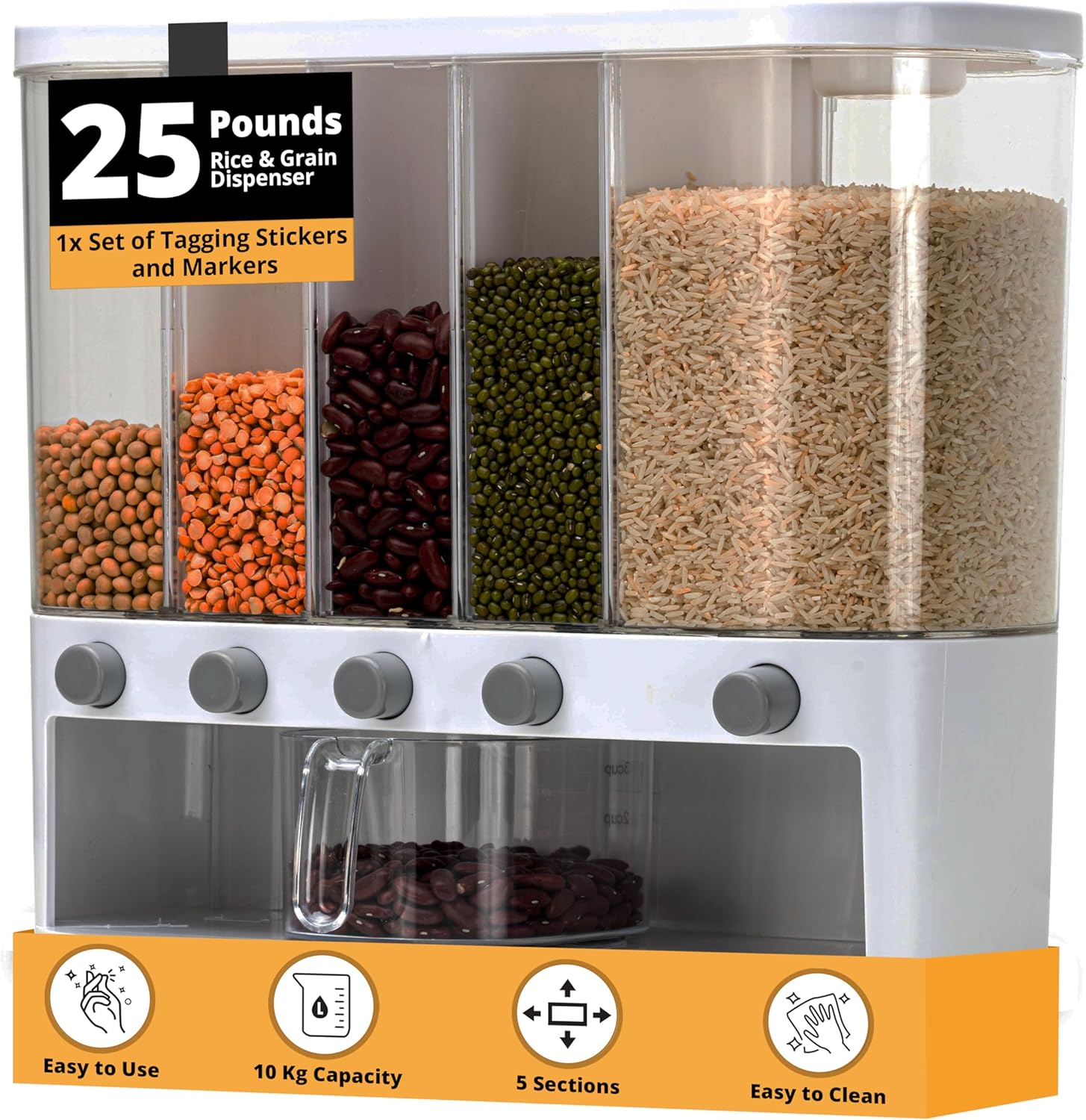 Maple Tree Dry Food Dispenser 25 Pounds for Grains, Rice, Beans and Lentils for Kitchen Pantry Storage and Countertop Organization with Measuring Cup, Individual Containers and Removable Walls