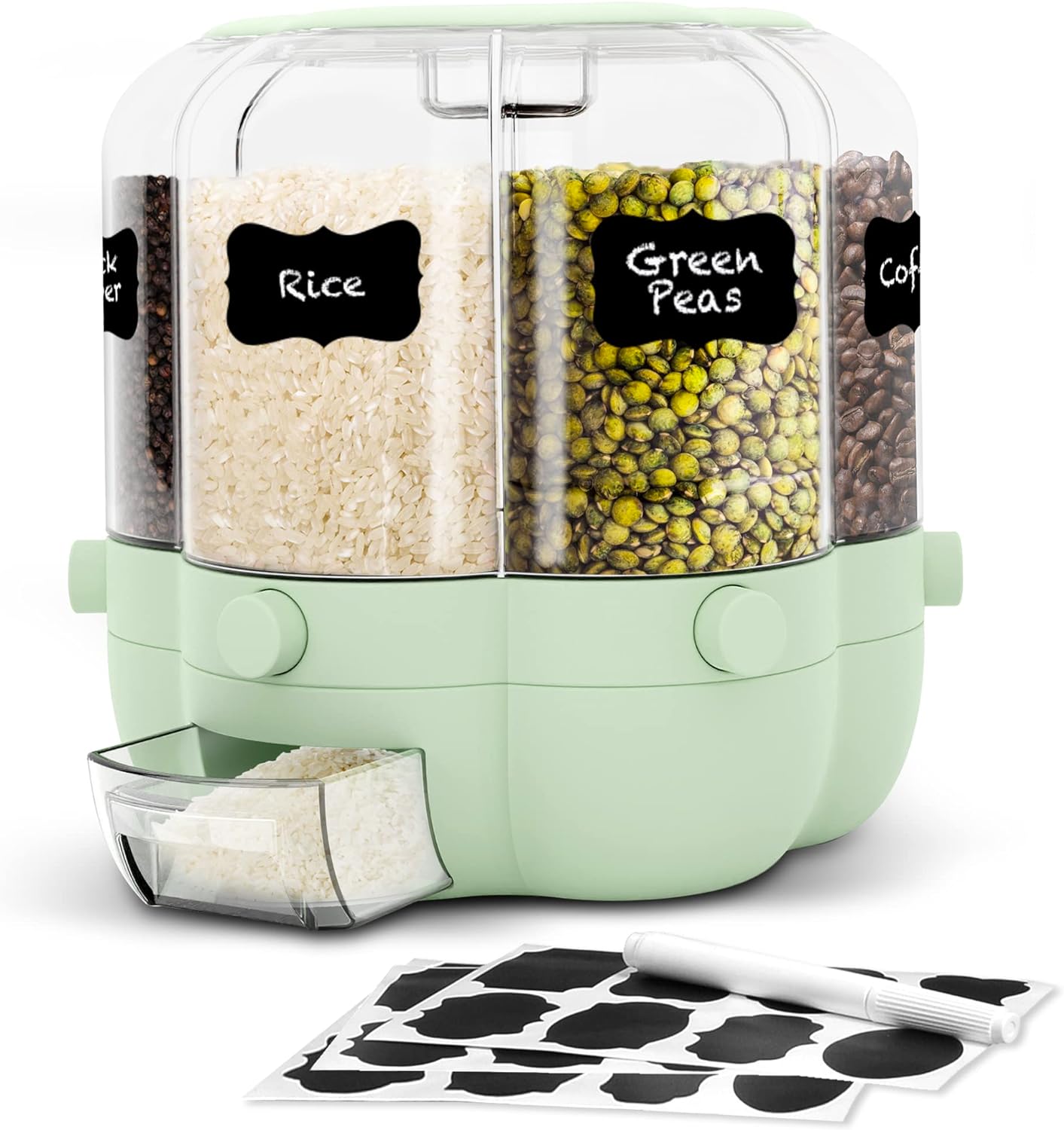 Rice Dispenser 20 Pounds, Kitchen Storage with Chalk Labels and Measuring Cup, Grain Dispenser, 6 Compartment Rice Storage Container, Rotating Food Dispenser for Sunflower Seeds, Popcorn Kernels