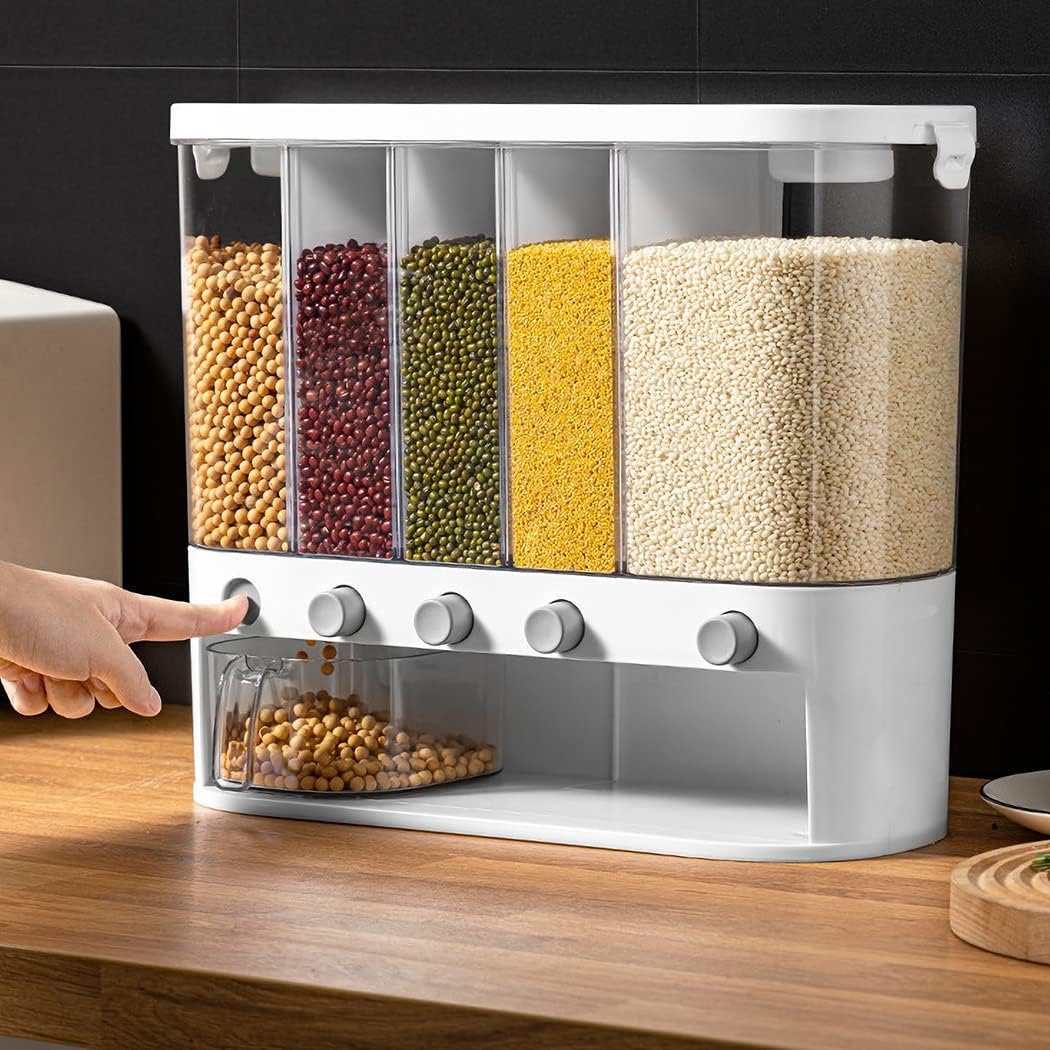 Conworld Dry Food Dispenser,Wall mounted 5 Grid Scent Bead Dispenser,Rice dispenser 25 pounds Kitchen Storage with Measuring Cup, Suitable for Rice, Beans, Laundry Beads