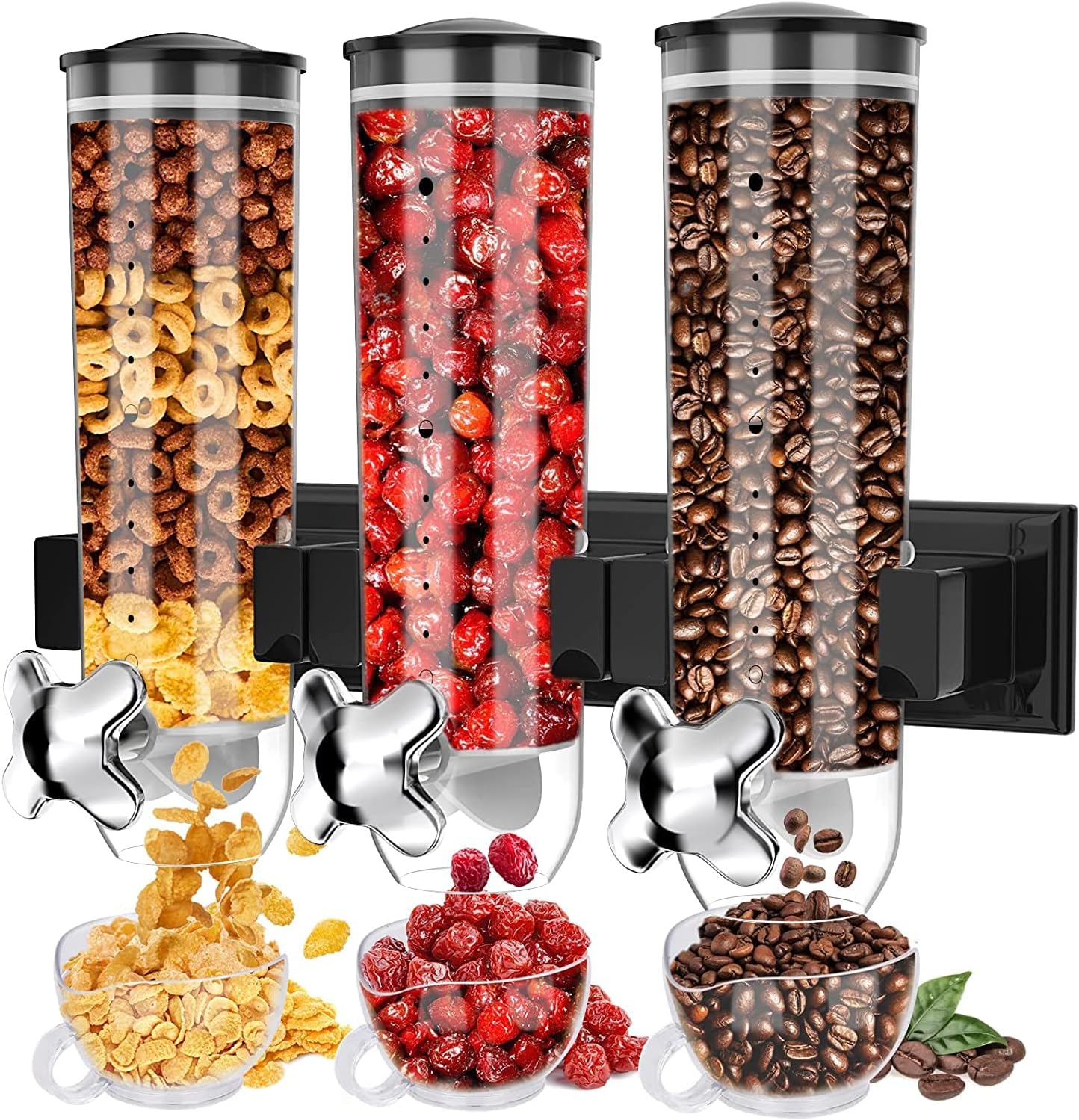 Triple Food Dispenser, Cereal Dispenser, Dry Food Dispenser Wall Mounted Cereal Dispenser, Candy Dispenser Grain Dispenser Kitchen Container with 3 Cup, Snack Dispenser for Store Nut Coffee Beans 4.5L