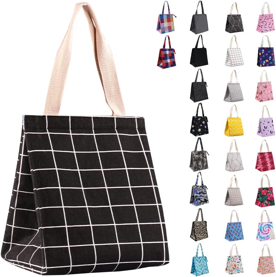 iknoe Insulated Lunch Bag for Women, Durable Wide-Open Foldable & Portable Lunch Tote with Interior Pockets, Water-resistant Thermal Lunch Cooler for Adults Picnic Beach-Black Plaid