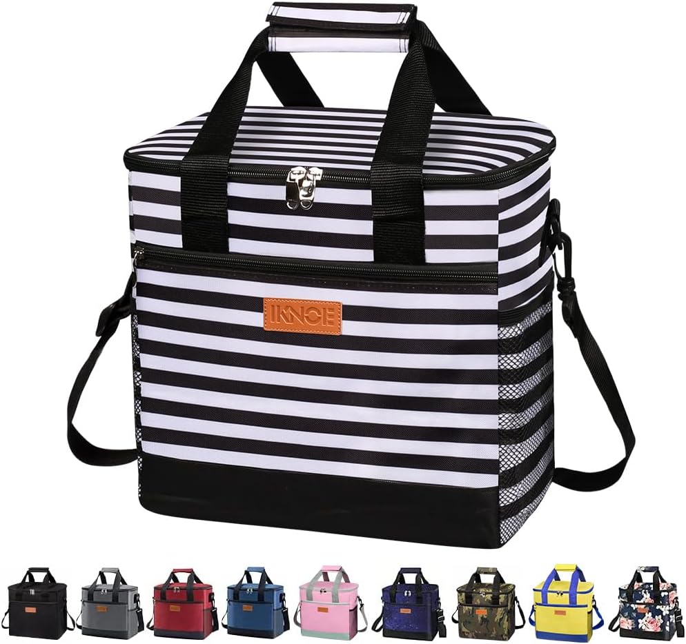 Iknoe Large Cooler Bag Collapsible 24 Can, Insulated Bags Leakproof Lunch Cooler Tote with Multi-Pockets for Adult, Insulated Lunch Box for Beach, Picnic, Work (Stripe)