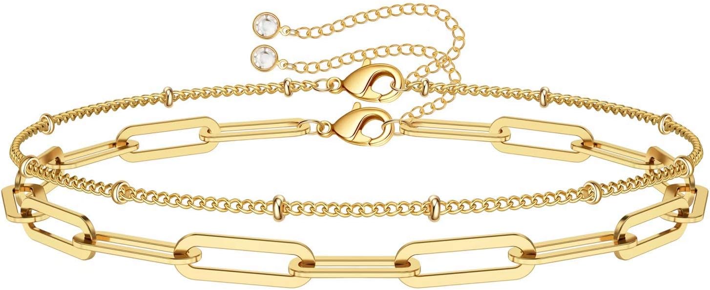 Dainty Gold Bracelets for Women, 14K Gold Filled Adjustable Layered Bracelet Cute Evil Eye Oval Chain Pearl Bar Turtle Gold Bracelets for Women Jewelry