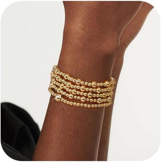 doubgood Gold Bracelets for Women Stretch Gold Beaded Bracelets for Women Girls 14K Gold Plated Stackable Bead Ball Bracelet Sets