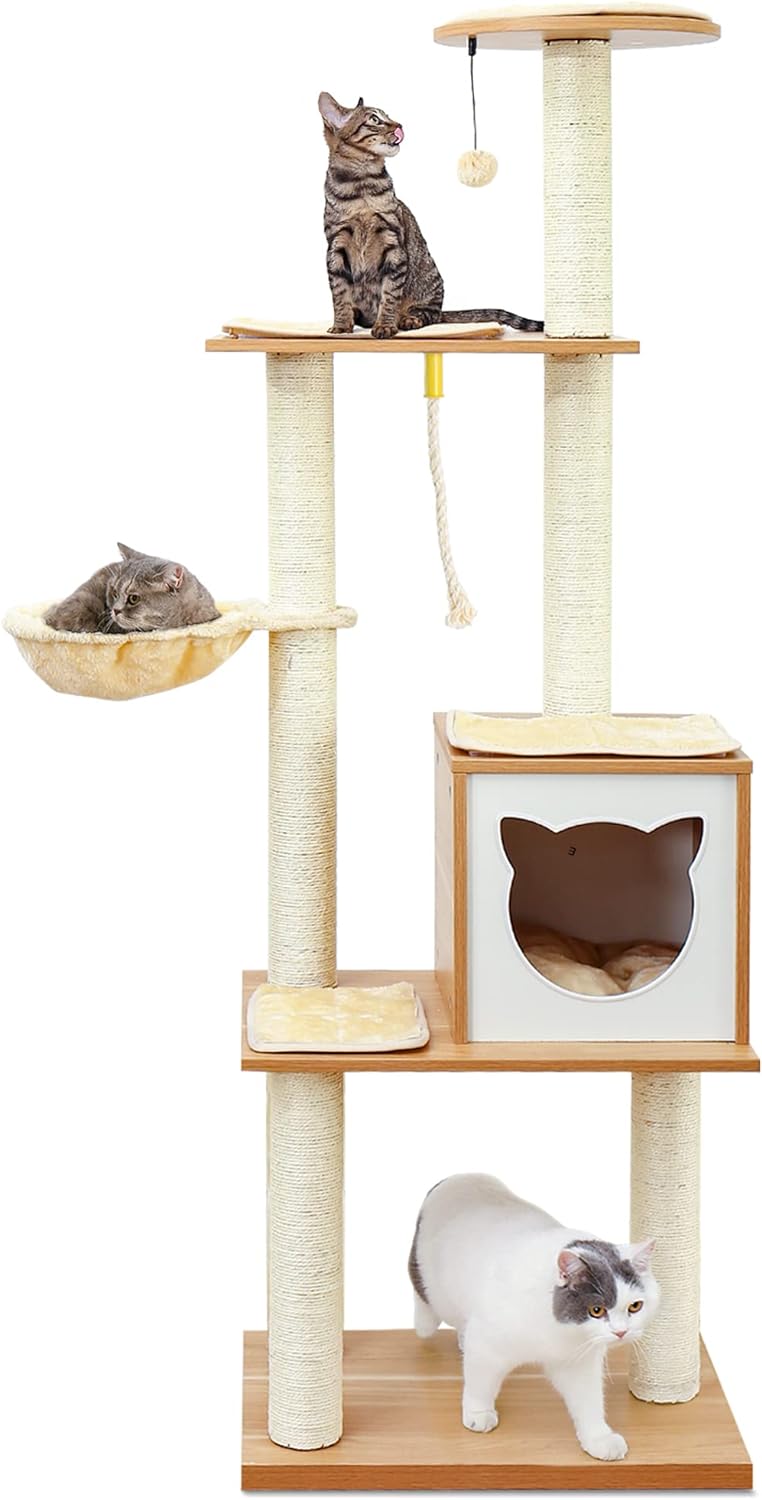 Made4Pets Cat Tree, Modern Cat Tree Tower for Indoor Cats - 65 Tall Wood Condo with Hammock, Scratching Post and Removable Pads for Small Large Cats