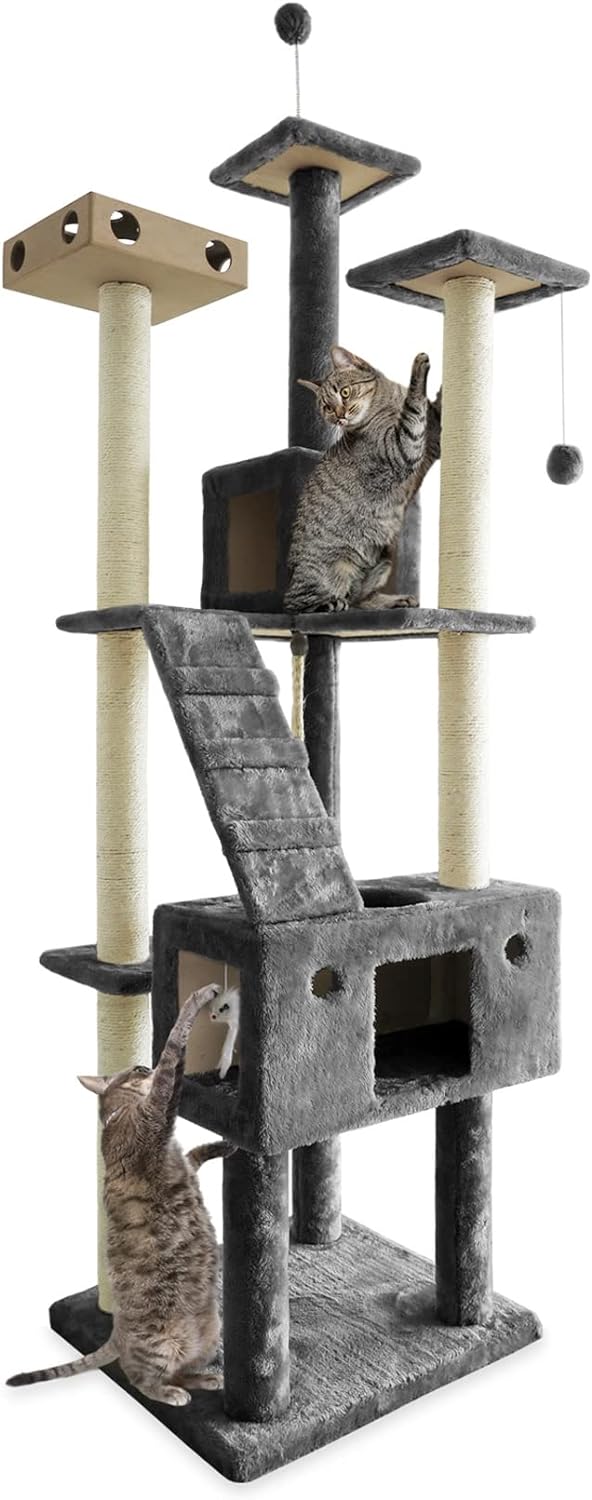 Furhaven 69.3 Tall Cat Tree for Indoor Cats, Ft. Sisal Scratching Posts, 2x Cat Condos, & Toys - Tiger Tough Double Decker Interactive Playground Tower - Silver Gray, One Size