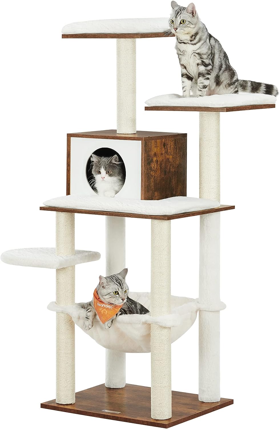 Feandrea WoodyWonders Cat Tree, Modern Cat Tower for Indoor Cats, 54.3-Inch Multi-Level Cat Condo, Ultra-Soft Plush, Scratching Posts, Hammock, Removable, Washable Cushions, Rustic Brown UPCT164X01